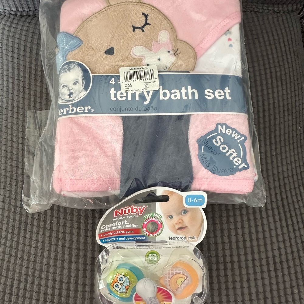 Gerber White & Navy Hooded Baby Towel & Washcloth Set and NUBY PACIFIERS
